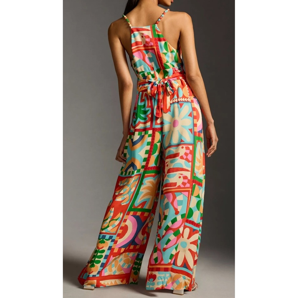 Farm Rio Anthropologie Cutout Halter Jumpsuit Med Brazilian Tropical Bold Print - Picture 2 of 14